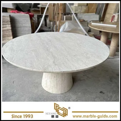 Meja makan travertine putih gading